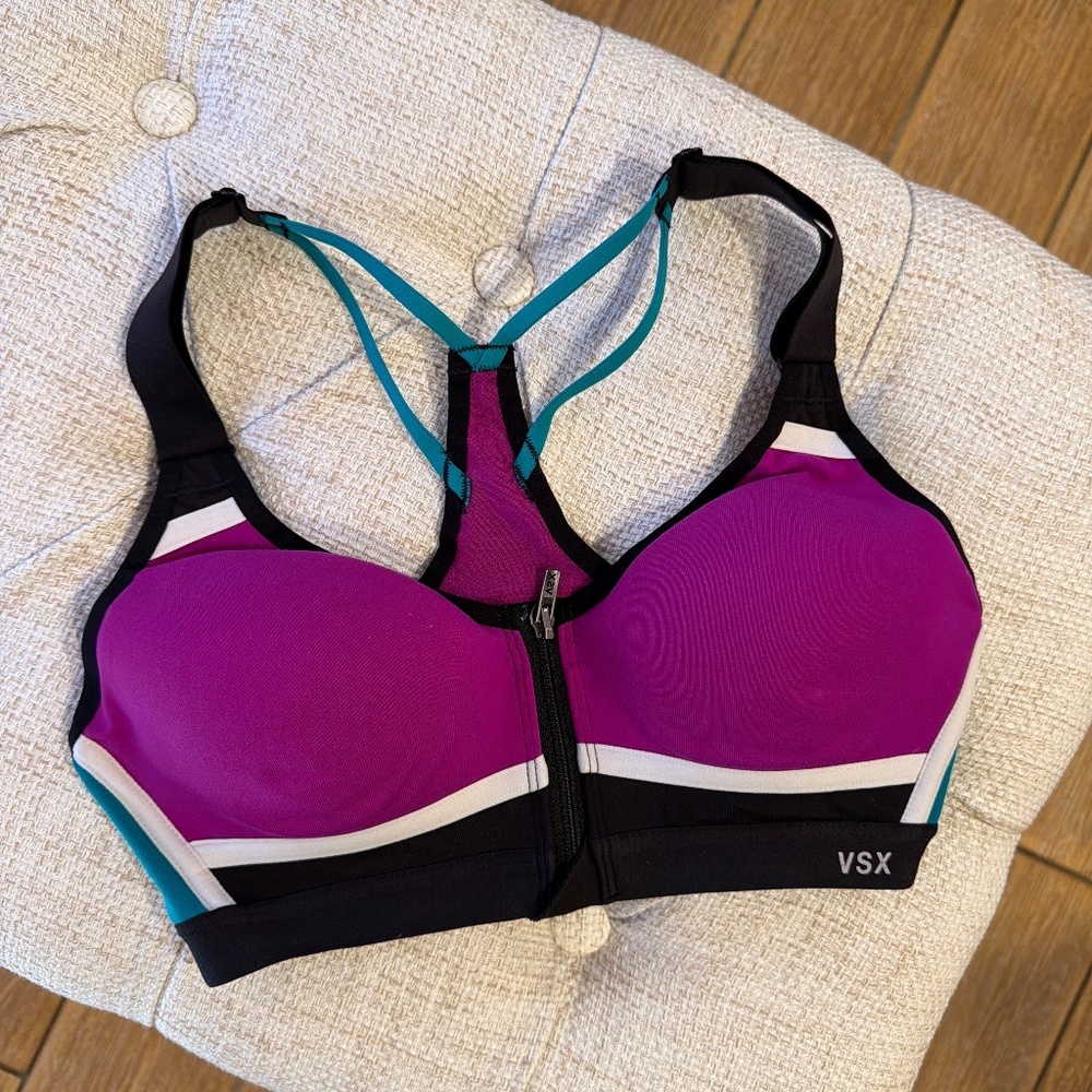 Victoria’s Secret VSX Sport Bra Women’s Front Zip Purple Multi Colored Size 32B
